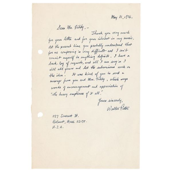 Walter Piston Autograph Letter Signed
