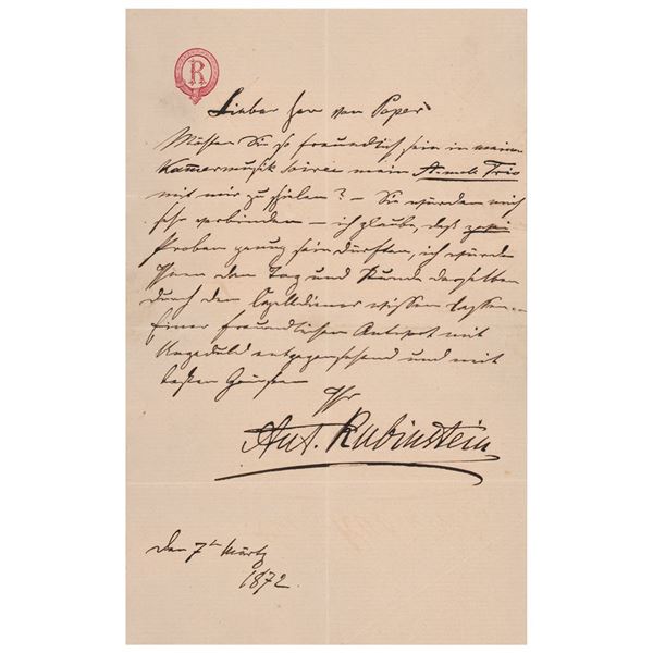 Anton Rubinstein Autograph Letter Signed
