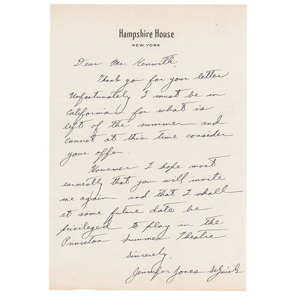 Jennifer Jones Autograph Letter Signed