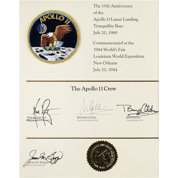 Apollo 11 Signed 15th Anniversary Certificate