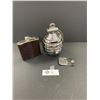 Image 2 : Vintage Grenade Shaped Bank, Leather Wrapped Stainless Steel Flask and Belt Buckle