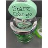 Image 2 : Vintage Push Down Spare Change Jar Good Gallery Patent Pending & Green Glass Mug