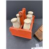 Image 2 : Antique Wooden Toy Milk Carrier and 6 Milk Bottles by Milton Bradley and a Texas Star Boot Remover