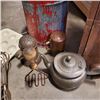 Image 2 : VINTAGE WOOD TRASH BIN WITH HAND HAMMERED TEAPOT, SPICE SHAKERS, GRINDER AND MORE