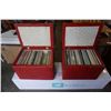 Image 2 : 2 VINTAGE LEATHER RECORD STORAGE HASSOCKS WITH RECORDS