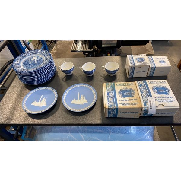 LOT OF LIBERTY BLUE CHINA - 76 PIECES INCLUDES PLATES, BOWLS, CUPS, SAUCERS, CREAM AND SUGAR, PLATTE