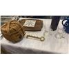 Image 2 : VINTAGE CERAMIC WRAPPED SAKE JUG, GOAT LEATHER BOUND WINE BOTTLE, POTTERY PITCHER, BRASS KEY HANGER