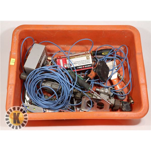 BIN OF ASSORTED TOOLS AND HARDWARE ITEMS