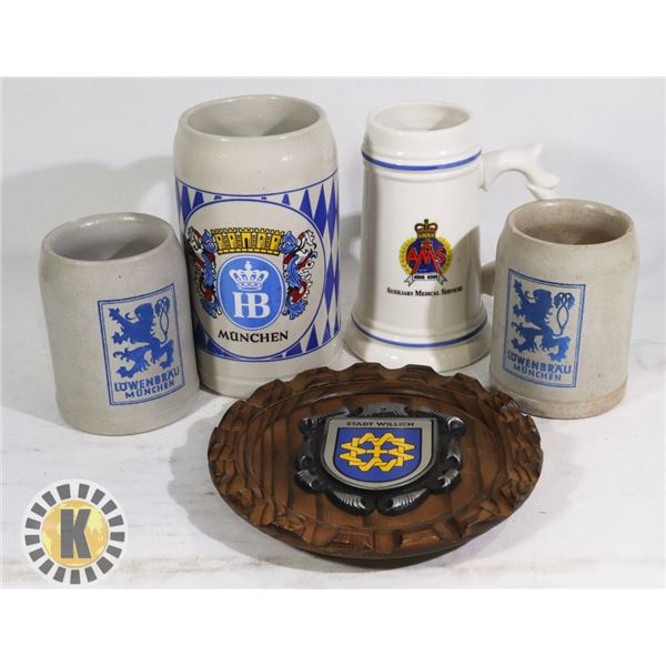 4 COLLECTIBLE BEER STEINS & 1 DECORATIVE ART/PLATE