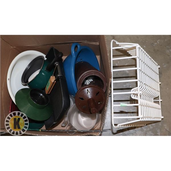 BIG BOX OF COOKING UTENSILS AND DISH RACK
