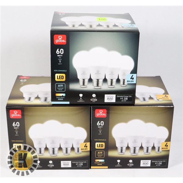 THREE BOXES OF 4 GLOVE LED LIGHT BULBS