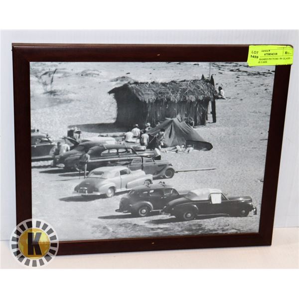 WOOD FRAMED PICTURE /W GLASS – VINTAGE CARS