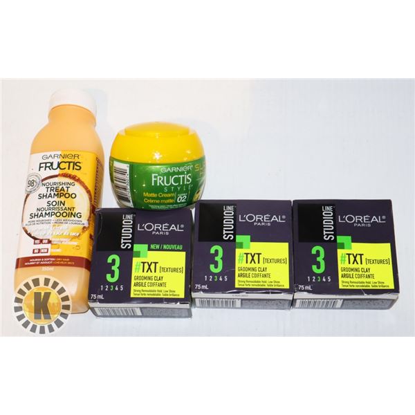 BAG OF GARNIER SHAMPOO AND L'OREAL GROOMING CLAY