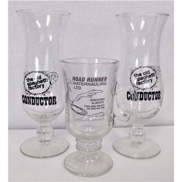 THREE Glasses: 2 Old Spaghettis Factory/1 Road Runner Water hauling LTD.