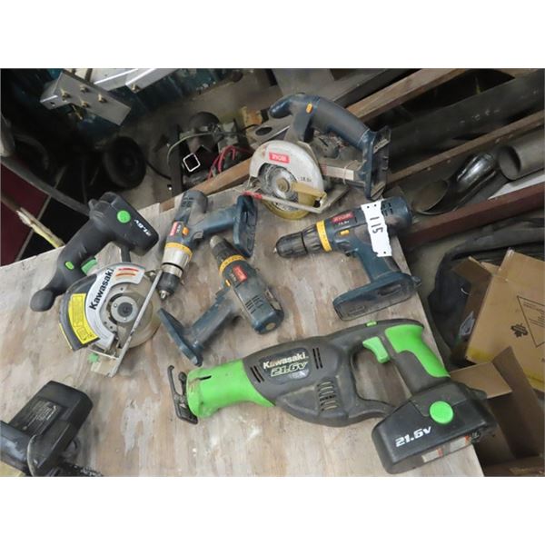 Ryobi 18 V Cordless Tools- Saws & Drills , 2 Kawasaki 21.6 V Tools - Reciprocating Saw, Circular Saw