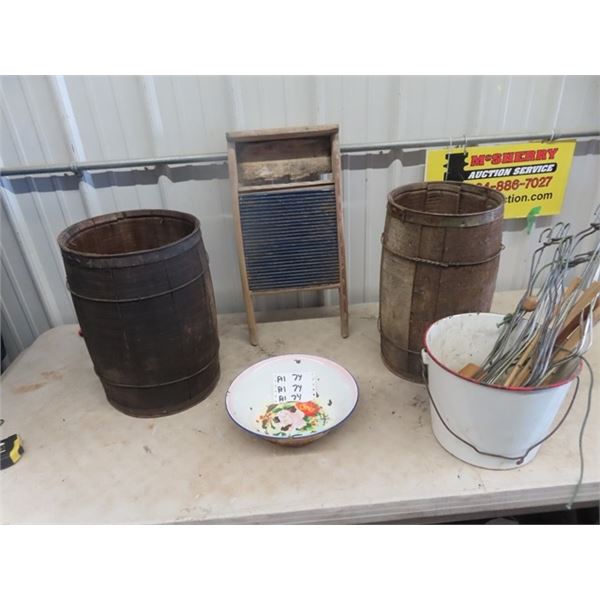 2 Nail Kegs, Washboard, Enamelware, & Sock Stretchers