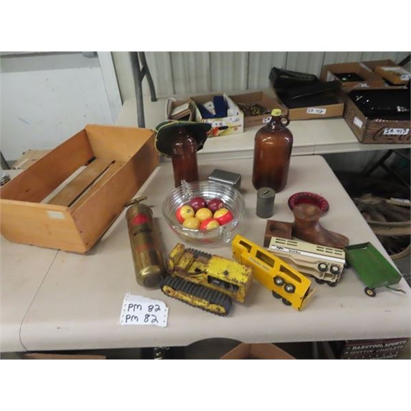 Wooden Crate, Brass Fire Extnguisher, Javex Jugs, Toy Crawler, & Trailers