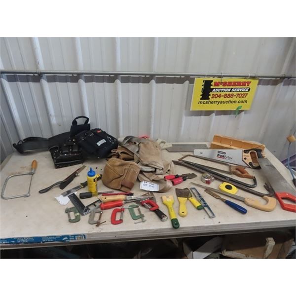 Saws, Wood Chisels, Clamps, Scrapers, Wrecking Bar, Squares, Tool Belts Plus More!