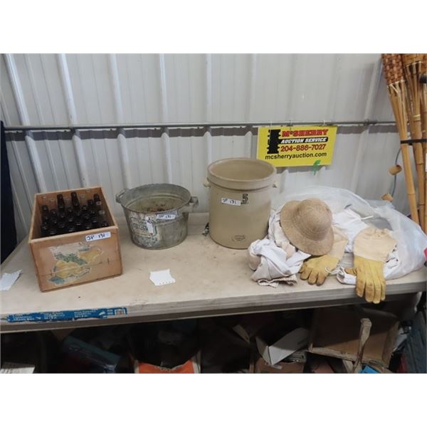 5 Gal Medalta Crock w Handles , Galv Tub, Crate, Bee Keepers Hat, Gloves & Over Alls