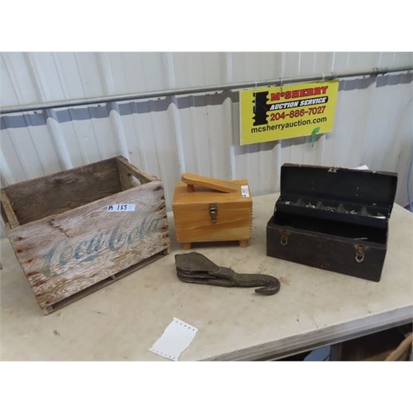 Coke Crate, Shoe Polish & Case, Metal Tool Box, Pulley & Hook