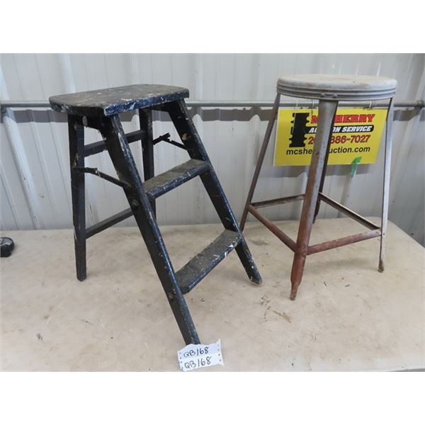 Vintage Wooden Stepper/ Ladder 23  H & Metal Stool 24  H