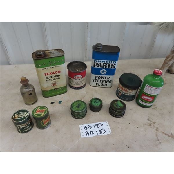 Oil Tins - Texaco Outboard, Chryco Power Steering, ESSO, Castrolease, Plus More