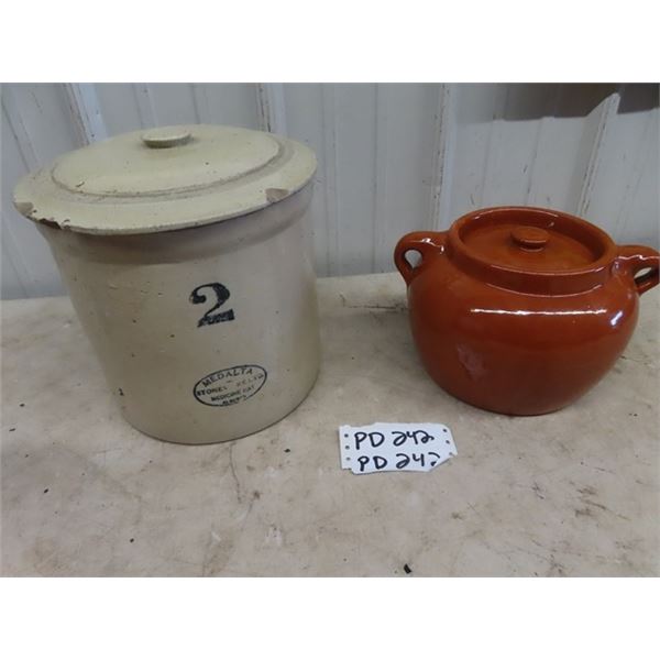 Medalta Bean Pot, & Medalta 2 Gal Crock w Lid (Lid is Chipped)