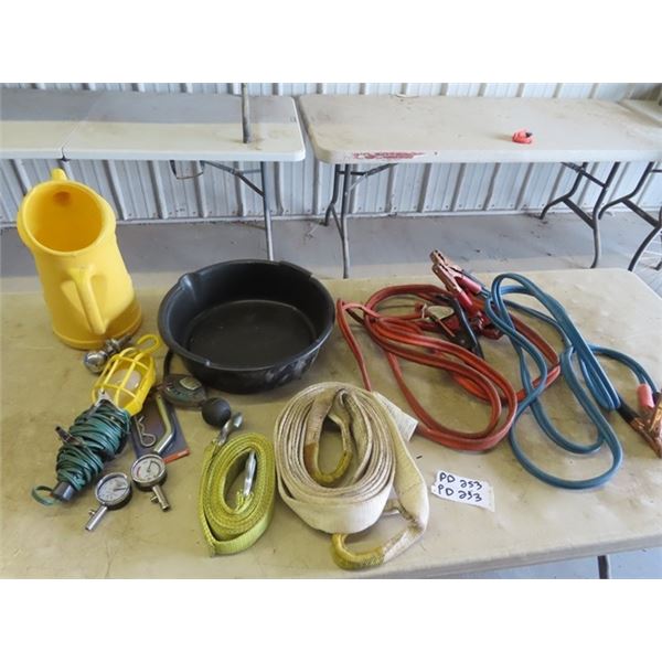 2 Sets of Booster Cables, 2 Tow Straps, 12 Volt Trouble lIght, Air Gauge, Shell Oil Jug