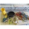 Image 1 : 2 Sets of Booster Cables, 2 Tow Straps, 12 Volt Trouble lIght, Air Gauge, Shell Oil Jug