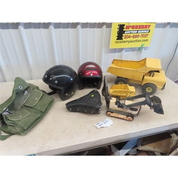 (AR) 2 Snowmobile Helmets, 3 Tonka TOys, & Bicycle Seat