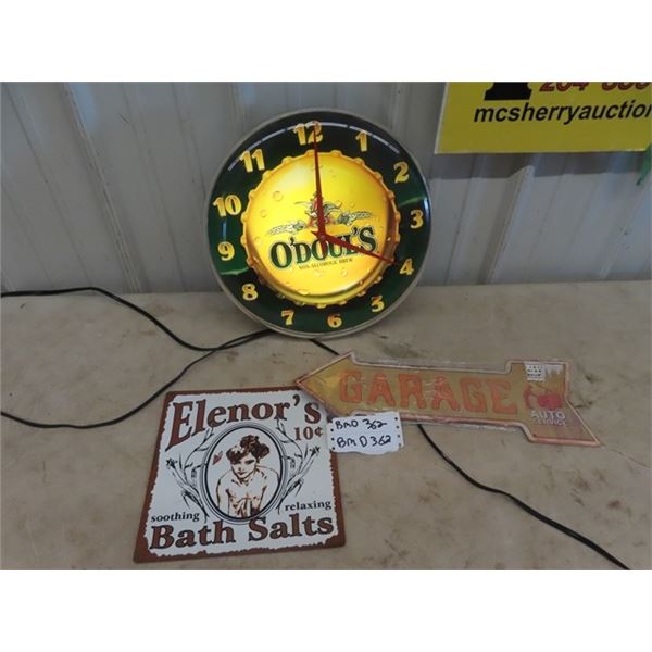 Odoul's Light Up Beer Clock 14" Rd & 2 Modern Metal Signs - Elenor's 10" x 10" & Garage 6" x 12"