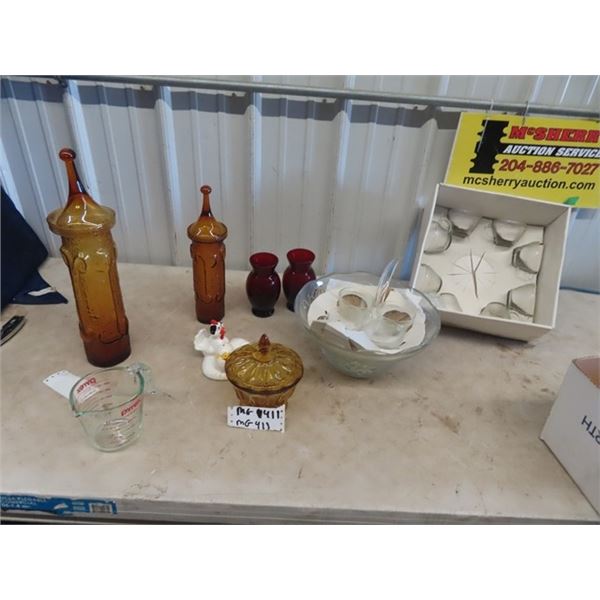 Amber Glass, Punch Bowl, Ruby Vases & Pyrex & Chicken & Egg S &P