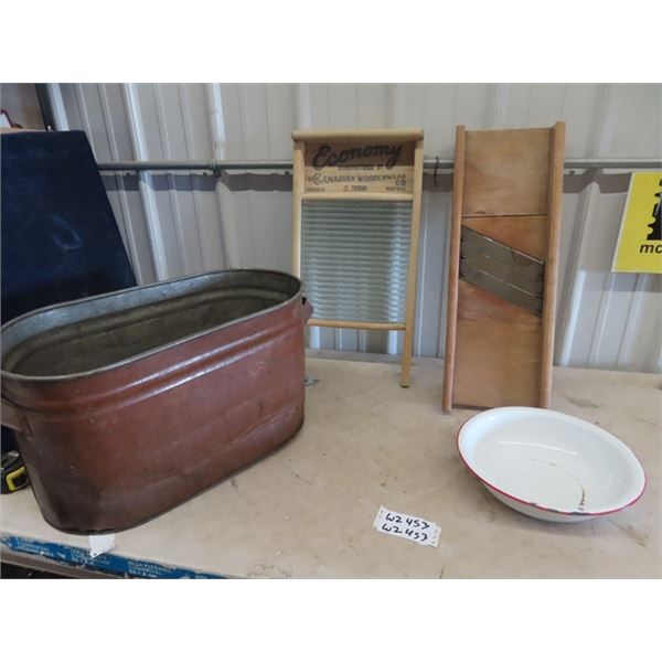 Copper Boiler, Washboard, Cabbage Cutter, Plus Bowl