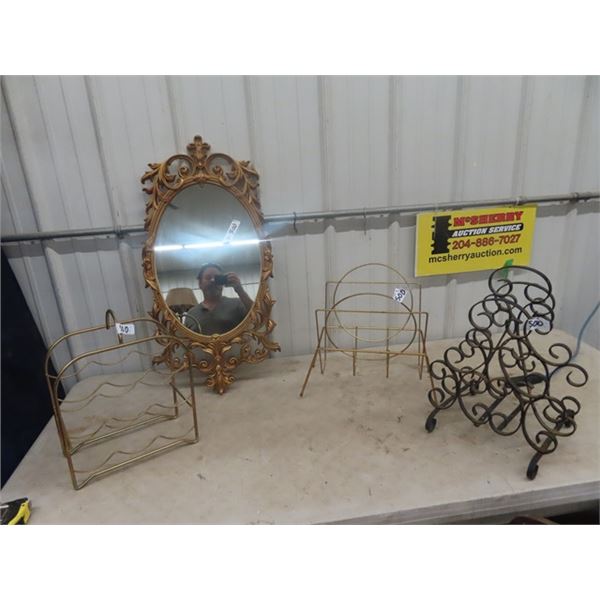 Mirror 32x 16" , 2 Metal Magazine Racks, & Metal Wine Rack