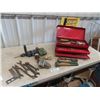 Image 1 : Metal Tool Box w Drawers, Various Tools - Pipe Wrench, Wrenches, Chisels, Bosch Drill , Engraver, Sp