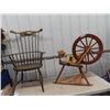 Image 1 : Spinning Wheel & Wooden Chair w Interesting Back & Arm Rests