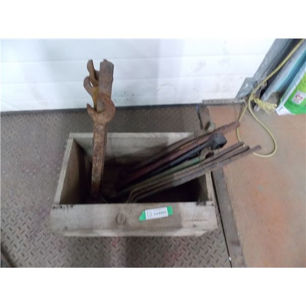 Wooden crate with vintage John Deere Tractor wrench and other large steel tools
