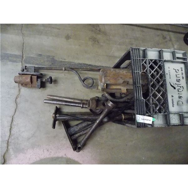 Plastic Crate with vintage Torch, tire pumps, misc