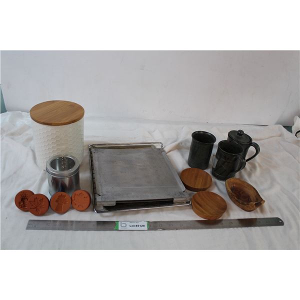 Cookie stamps, cookie jar, porcelin coffee set, bamboo condiment holders, toaster over trays