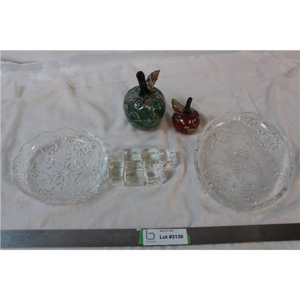 Blown glass apples, 5 glass ice cubes, two glass dishes