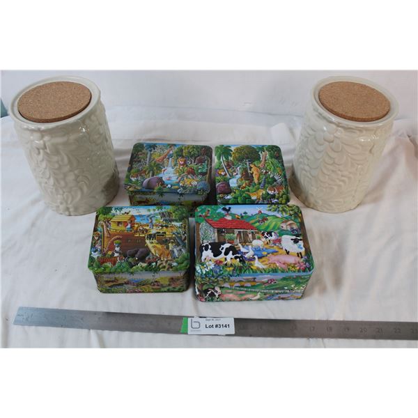 2 creative co-op floral ceramic cookie jars, 4 Churchill animal tins