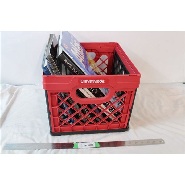 Crate of books including; Reader's digest Atlas of the world, Books on astronomy, and watermills