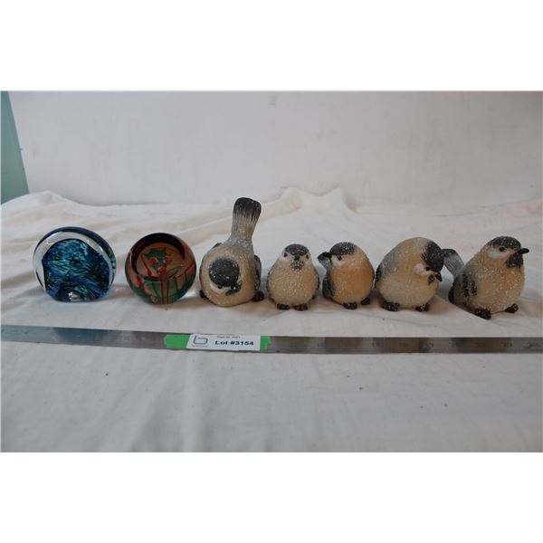 5 bird holiday resin, 2 glass paperweights