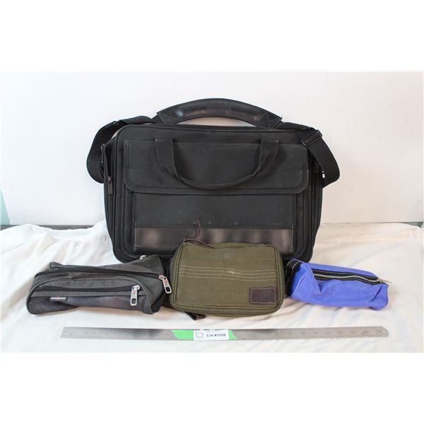 IBM laptop bag, swiss gear fanny pack, and trwo other bags