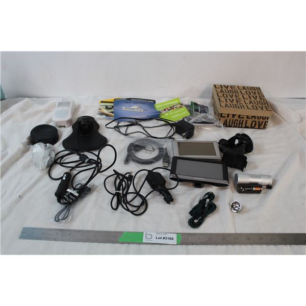 Two garmin GPS with car accesories and various cording, lightmate nightlight
