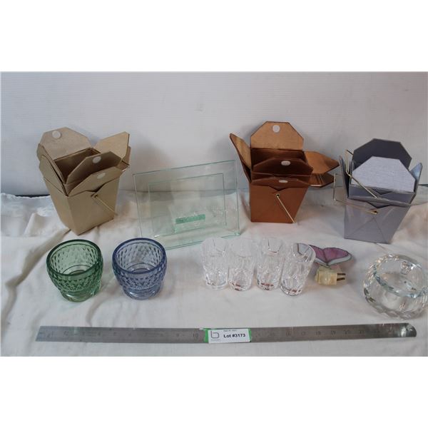 Set of 4 crystal shot glasses, fully glass photoframe, fabric storage containers, stainglass nightli