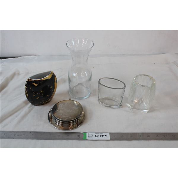 SIlver plated steel set of 6 coasters, decorative glass vases