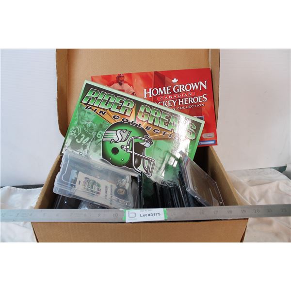 Box of misc with Roughriders + Canadian pin boards