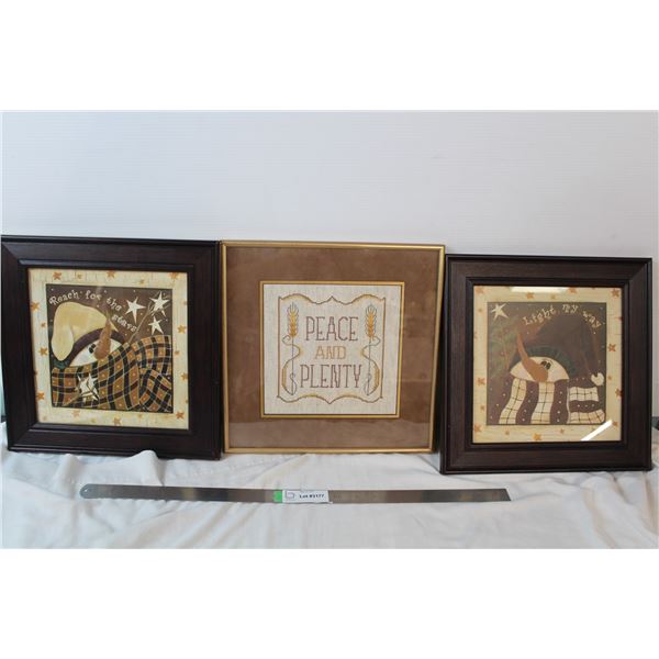 Set of 2 snowman framed snowman prints, 1 framed fall saying crosstitch