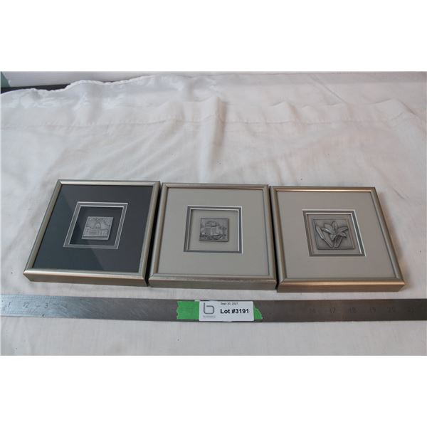 Set of 3 framed pewter sculpters of Saskatchewan
